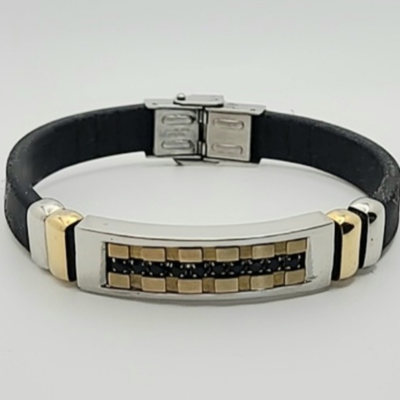Unisex Stainless Steel Two-Tone Bracelet Black PUC Leather Pave' Stones 8.5" - Picture 1 of 4